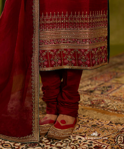 Maroon_Red_Raw_Silk_Hand_Embroidered_Zardozi_Kurta_With_Churidaar_And_Organza_Dupatta_WeaverStory05