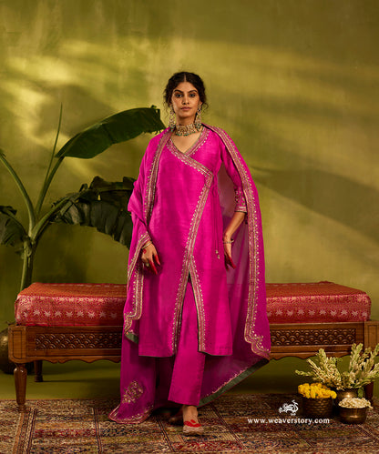 Hot_Pink_Raw_Silk_Angrakha_Kurta_Set_With_Zardozi_Organza_Dupatta_WeaverStory01