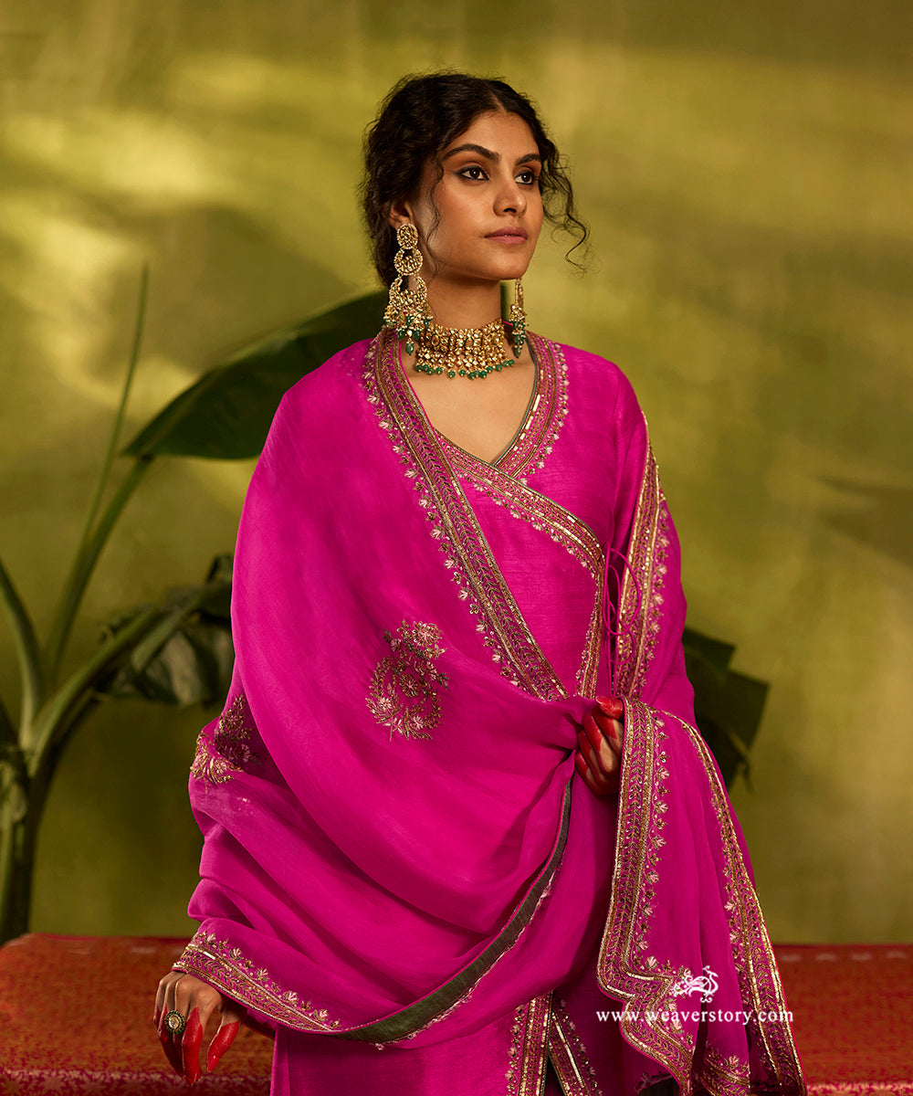 Hot Pink Raw Silk Angrakha Kurta Set With Zardozi Organza Dupatta