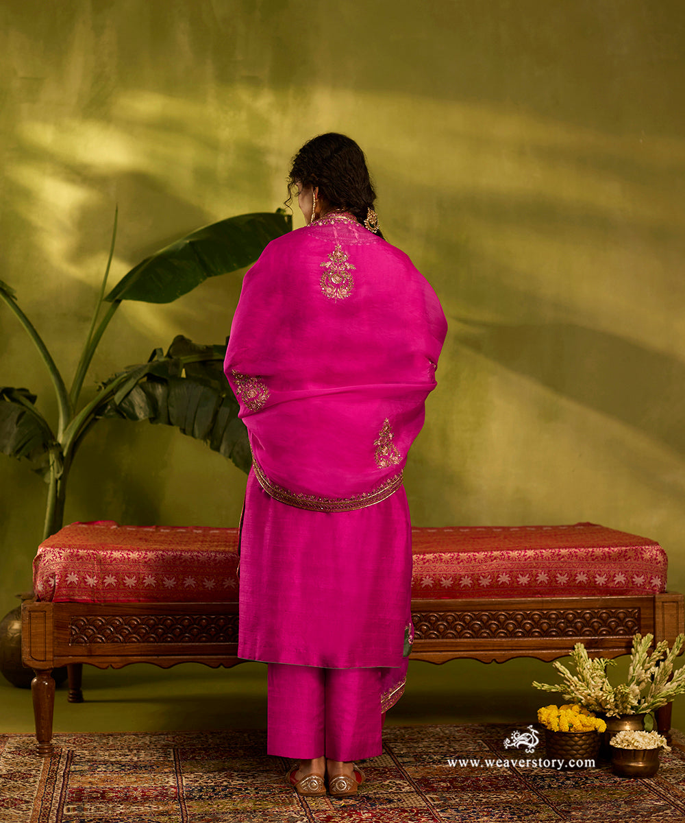 Hot Pink Raw Silk Angrakha Kurta Set With Zardozi Organza Dupatta