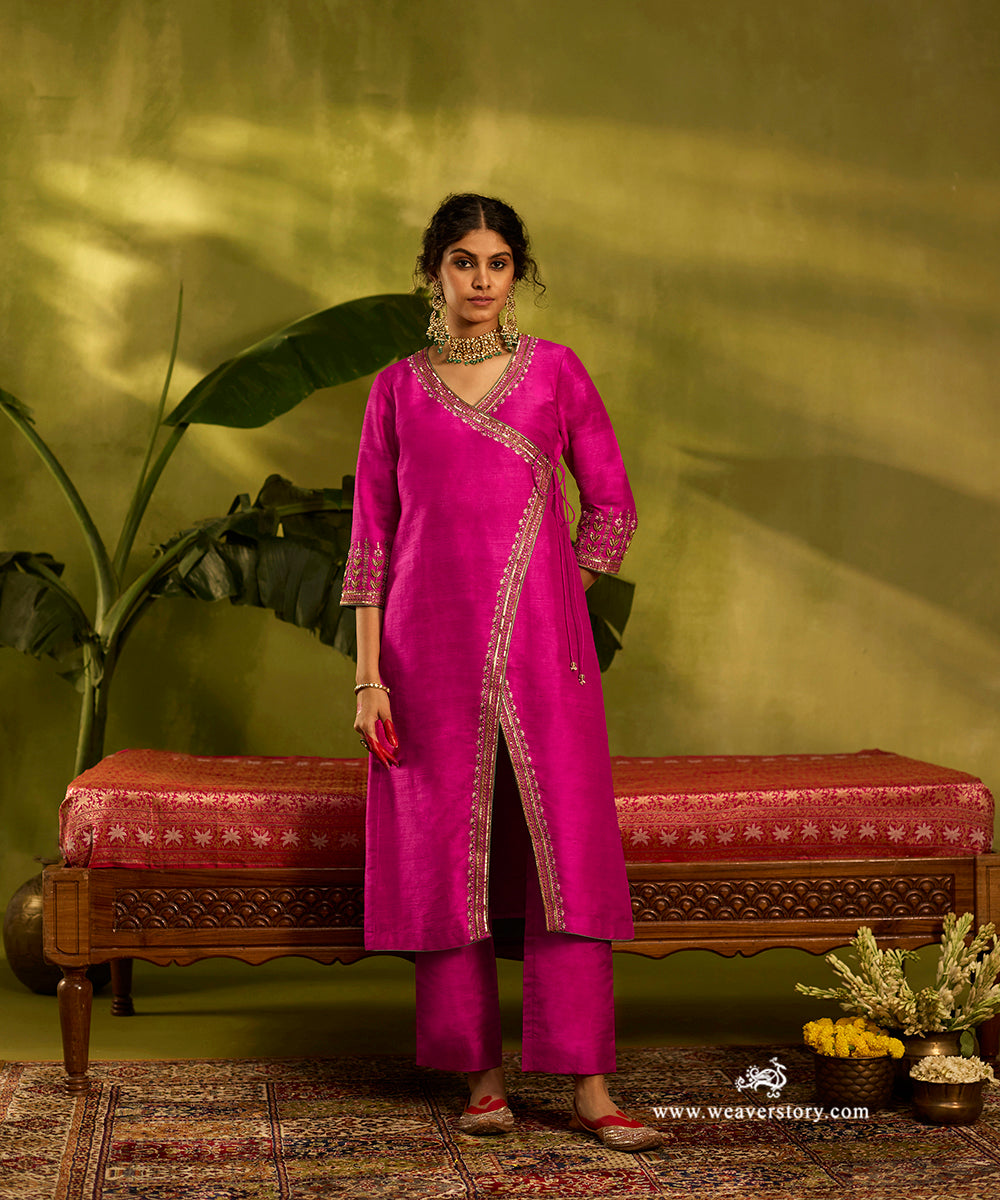 Hot Pink Raw Silk Angrakha Kurta Set With Zardozi Organza Dupatta