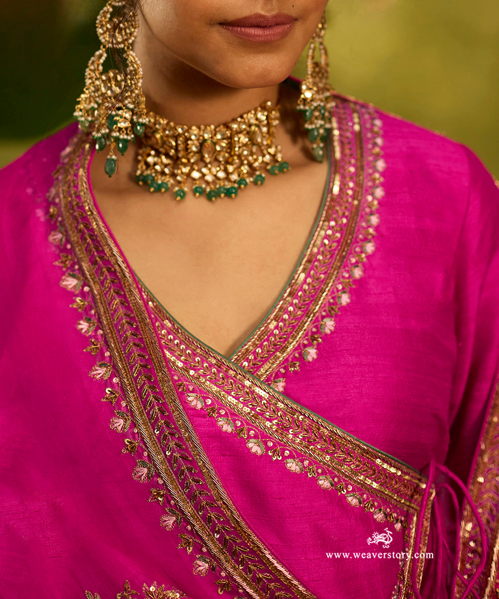 Hot Pink Raw Silk Angrakha Kurta Set With Zardozi Organza Dupatta