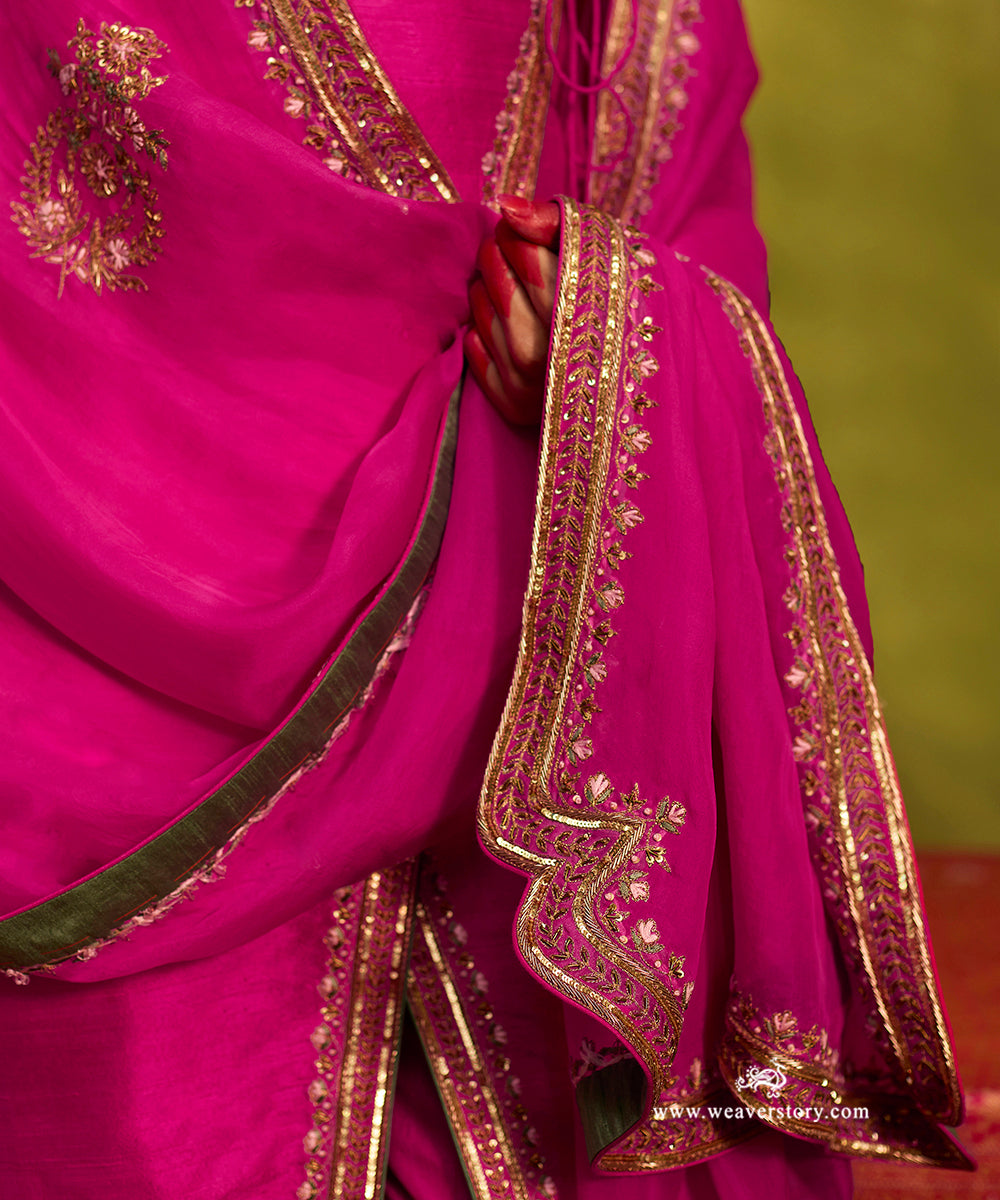 Hot Pink Raw Silk Angrakha Kurta Set With Zardozi Organza Dupatta