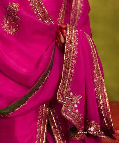 Hot Pink Raw Silk Angrakha Kurta Set With Zardozi Organza Dupatta