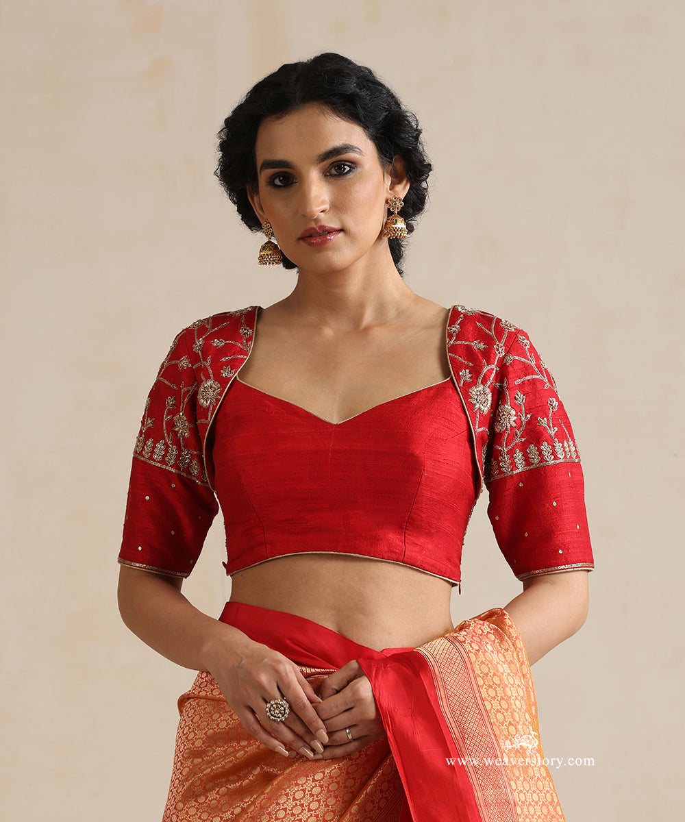 Red_Raw_Silk_Blouse_With_Hand_Embroidered_Zardozi_Work_WeaverStory_02