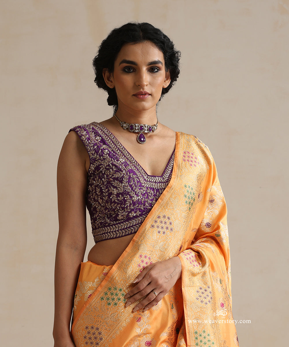 Purple_Raw_Silk_Sleeveless_Leaf_Border_Blouse_WeaverStory_01