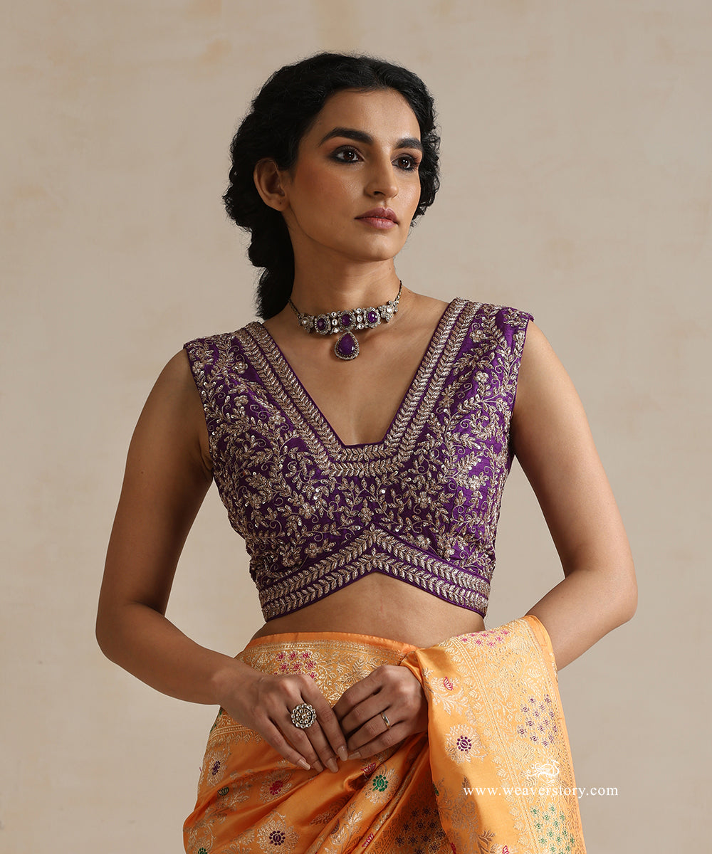 Purple_Raw_Silk_Sleeveless_Leaf_Border_Blouse_WeaverStory_02