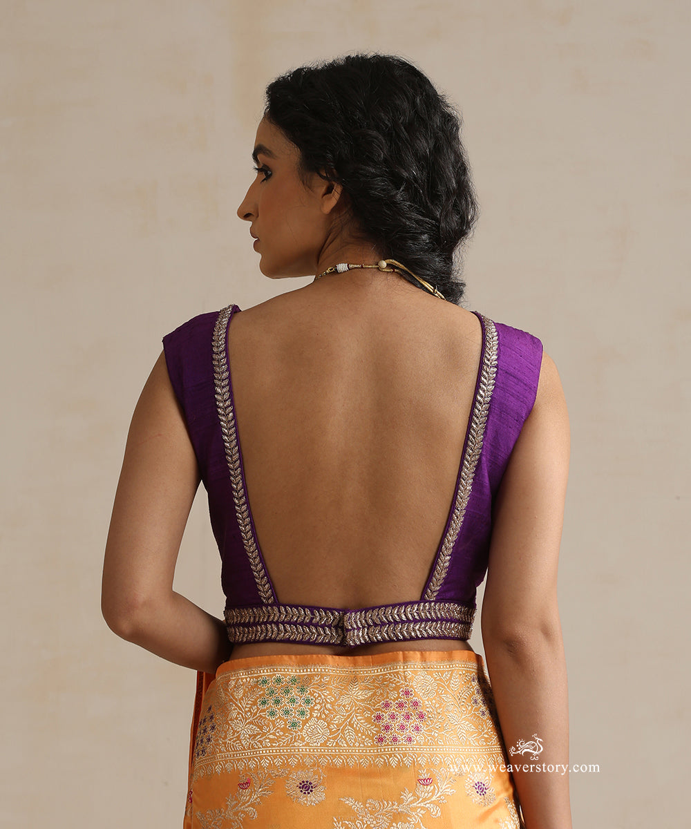 Purple_Raw_Silk_Sleeveless_Leaf_Border_Blouse_WeaverStory_04