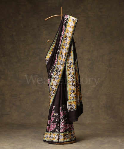 Black_Handloom_Hand_Batik_Mulberry_Silk_Saree_With_Leafs_Motifs_On_Border_WeaverStory_01