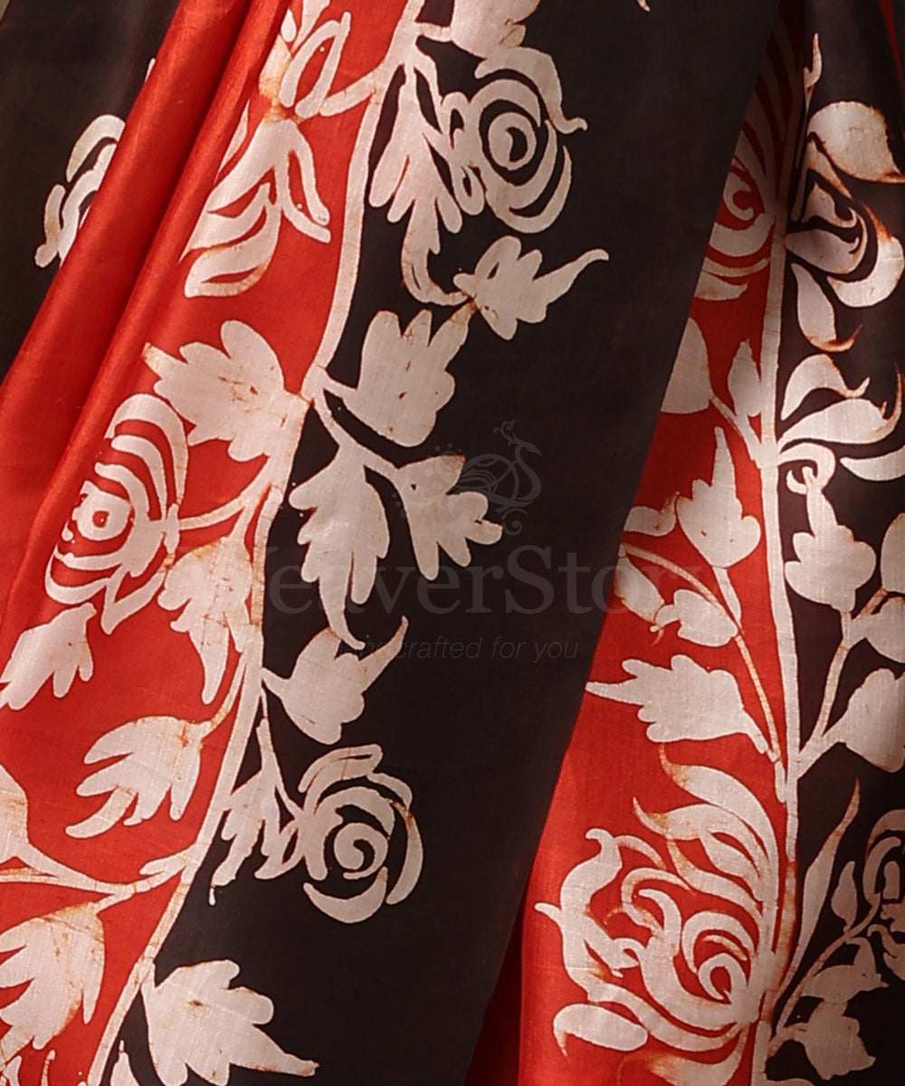 Black_And_Orange_Handloom_Hand_Batik_Mulberry_Silk_Saree_With_Floral_Border_WeaverStory_04