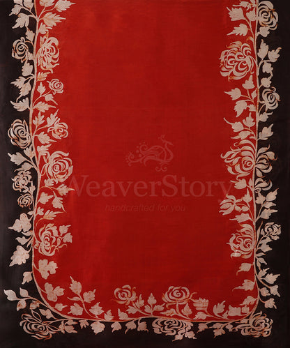 Black_And_Orange_Handloom_Hand_Batik_Mulberry_Silk_Saree_With_Floral_Border_WeaverStory_05