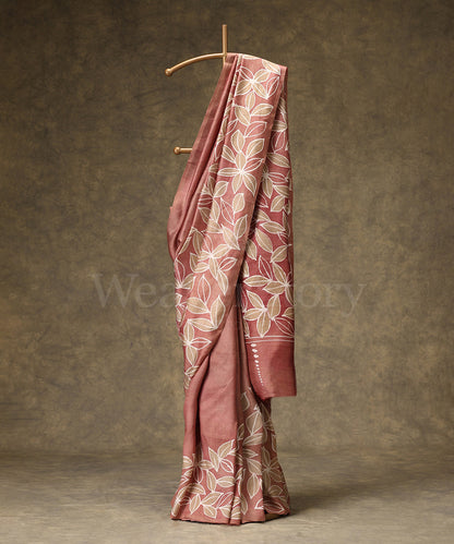 Old_Rose_Handloom_Hand_Batik_Mulberry_Silk_Saree_With_Leaf_Motif_On_Border_WeaverStory_01