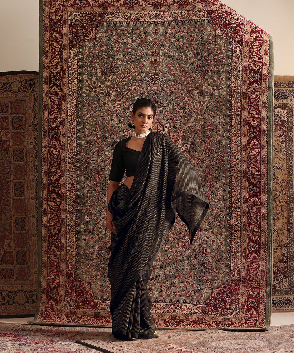 Solstice Black Striped Tissue Saree With Chanderi Finishing