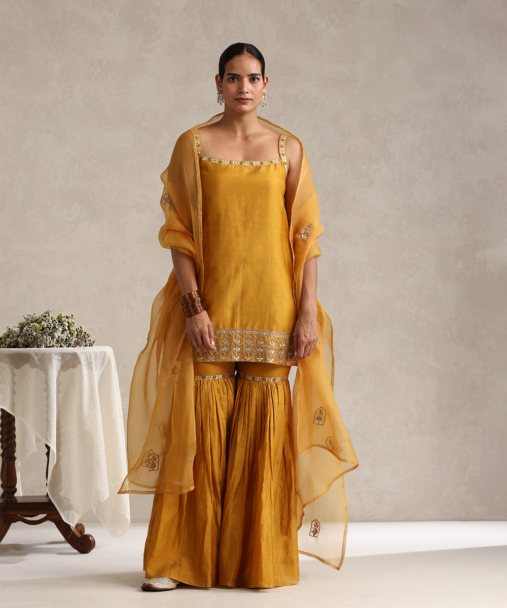 Mustard_Hand_Embroidered_Pure_Chanderi_Gota_Patti_Gharara_Set_With_Organza_Dupatta_WeaverStory_01