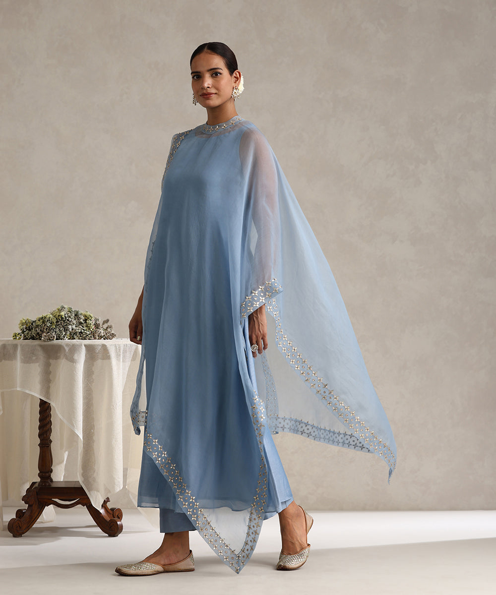 Light_Blue_Hand_Embroidered_Pure_Chanderi_Gota_Dress_With_Asymetric_Gota_Patti_Cape_And_Pants_WeaverStory_01