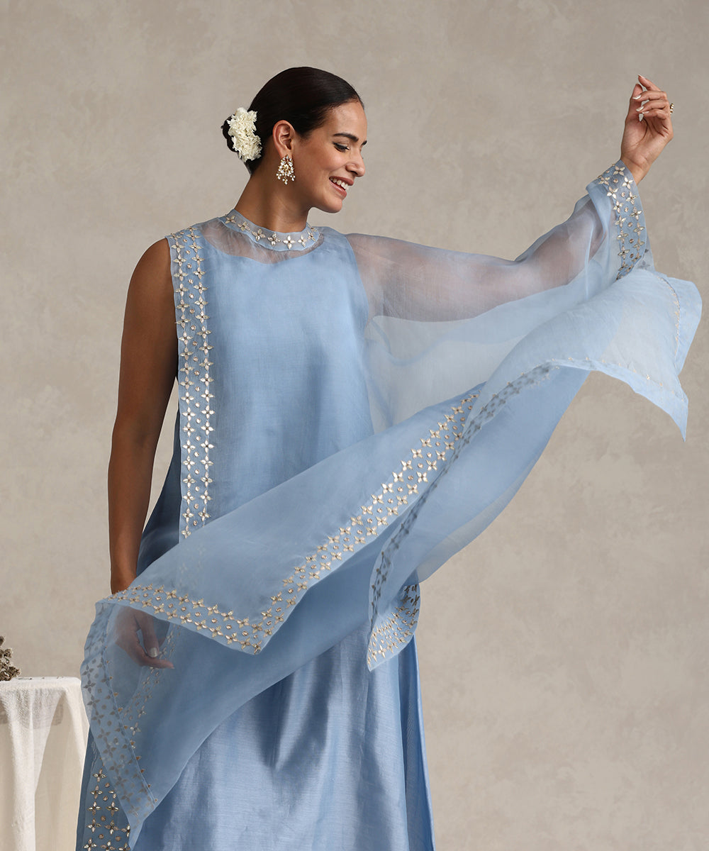 Light_Blue_Hand_Embroidered_Pure_Chanderi_Gota_Dress_With_Asymetric_Gota_Patti_Cape_And_Pants_WeaverStory_02