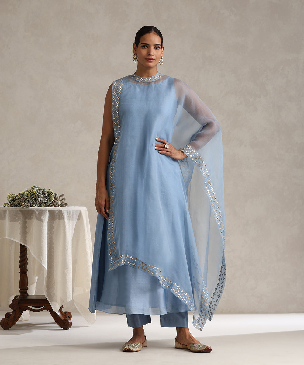 Light_Blue_Hand_Embroidered_Pure_Chanderi_Gota_Dress_With_Asymetric_Gota_Patti_Cape_And_Pants_WeaverStory_03