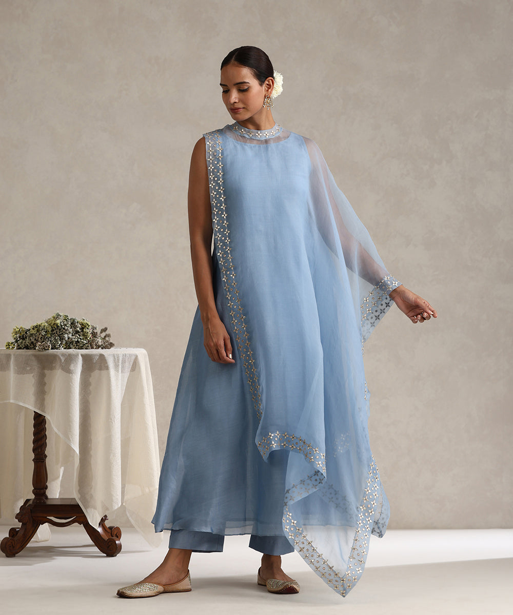 Light_Blue_Hand_Embroidered_Pure_Chanderi_Gota_Dress_With_Asymetric_Gota_Patti_Cape_And_Pants_WeaverStory_04