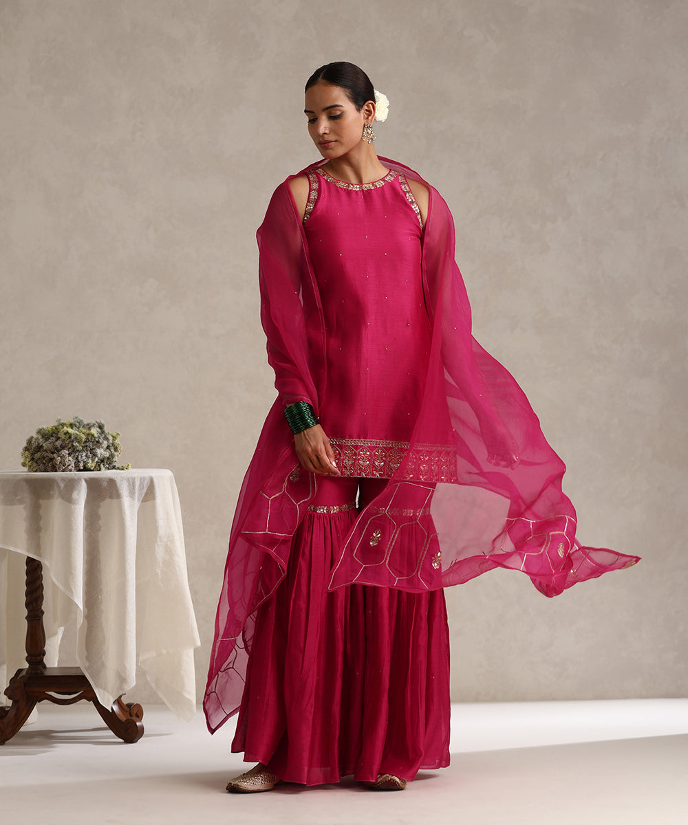 Fushia_Hand_Embroidered_Pure_Chanderi_Gharara_With_Short_Kurta_And_Dupatta_WeaverStory_01