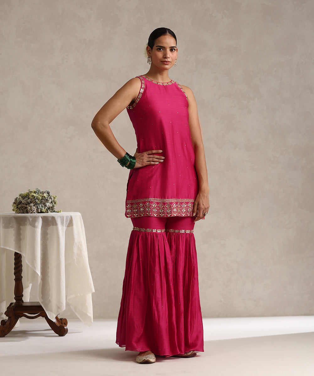 Fushia_Hand_Embroidered_Pure_Chanderi_Gharara_With_Short_Kurta_And_Dupatta_WeaverStory_04