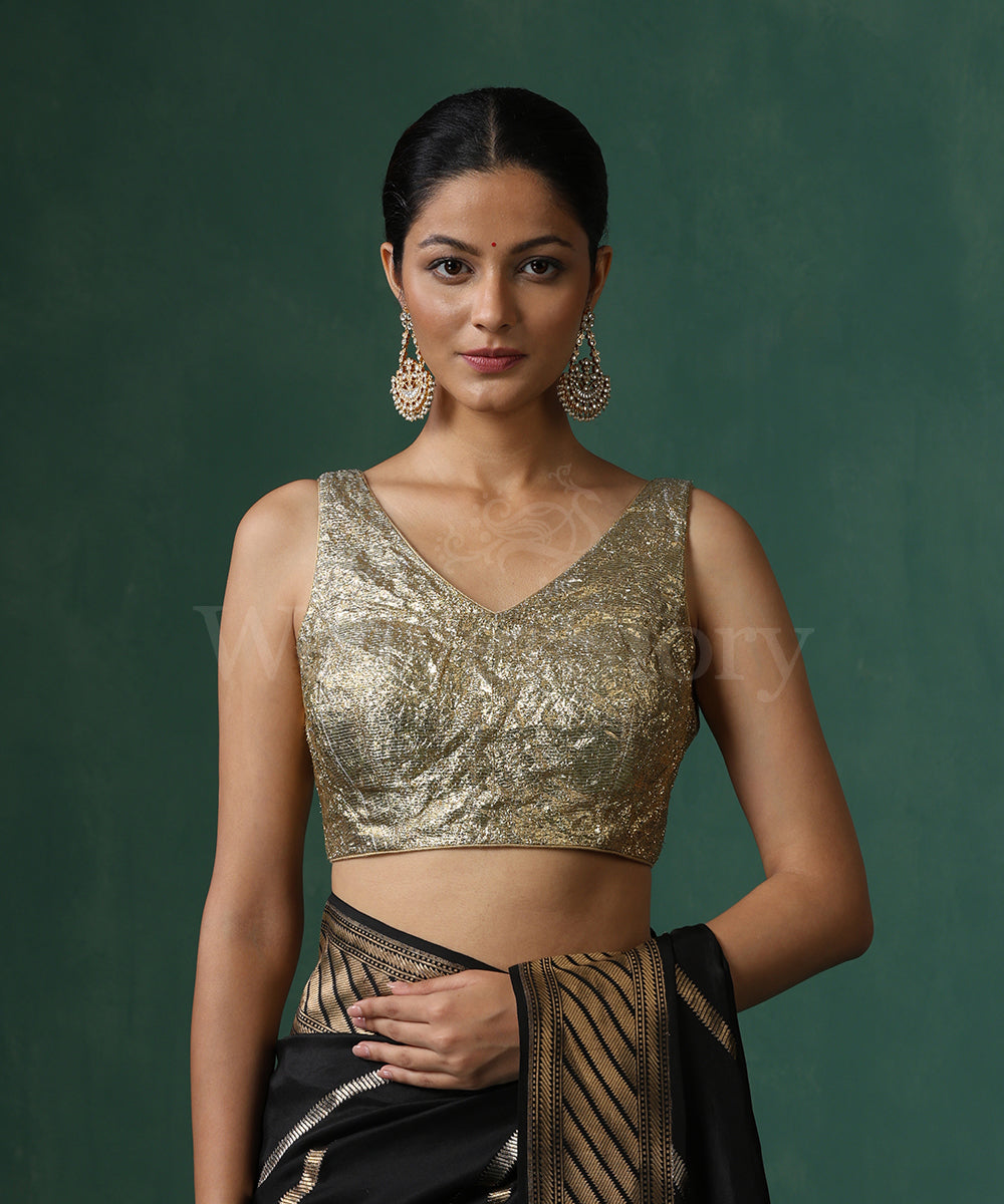 Golden_V-Neck_Sleeveless_Blouse_In_Gota_Lapa_Fabric_WeaverStory_02