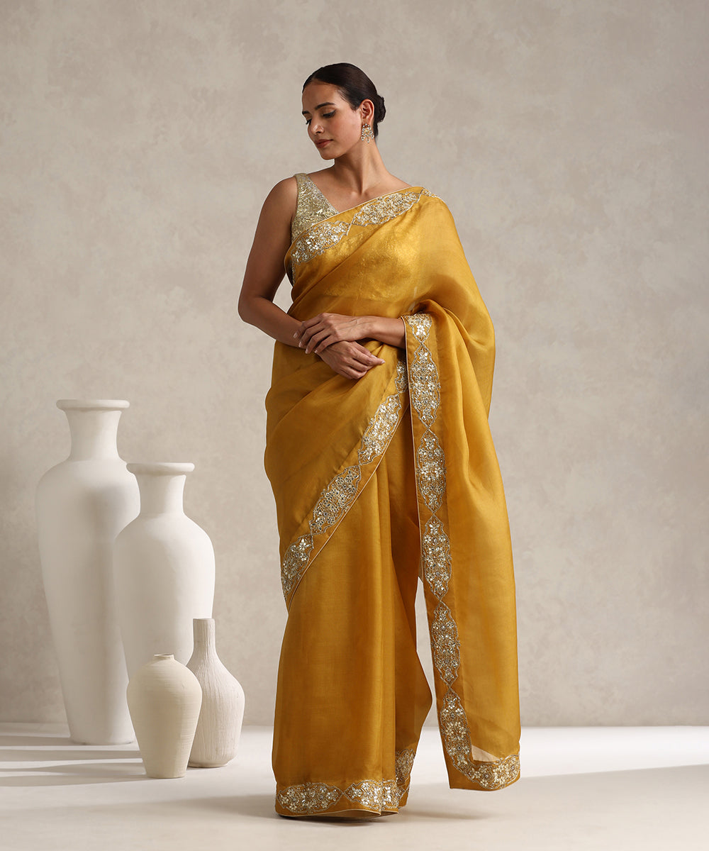 Mustard_Organza_Gota_Patti_Saree_With_Medallion_Motifs_Borders_WeaverStory_01