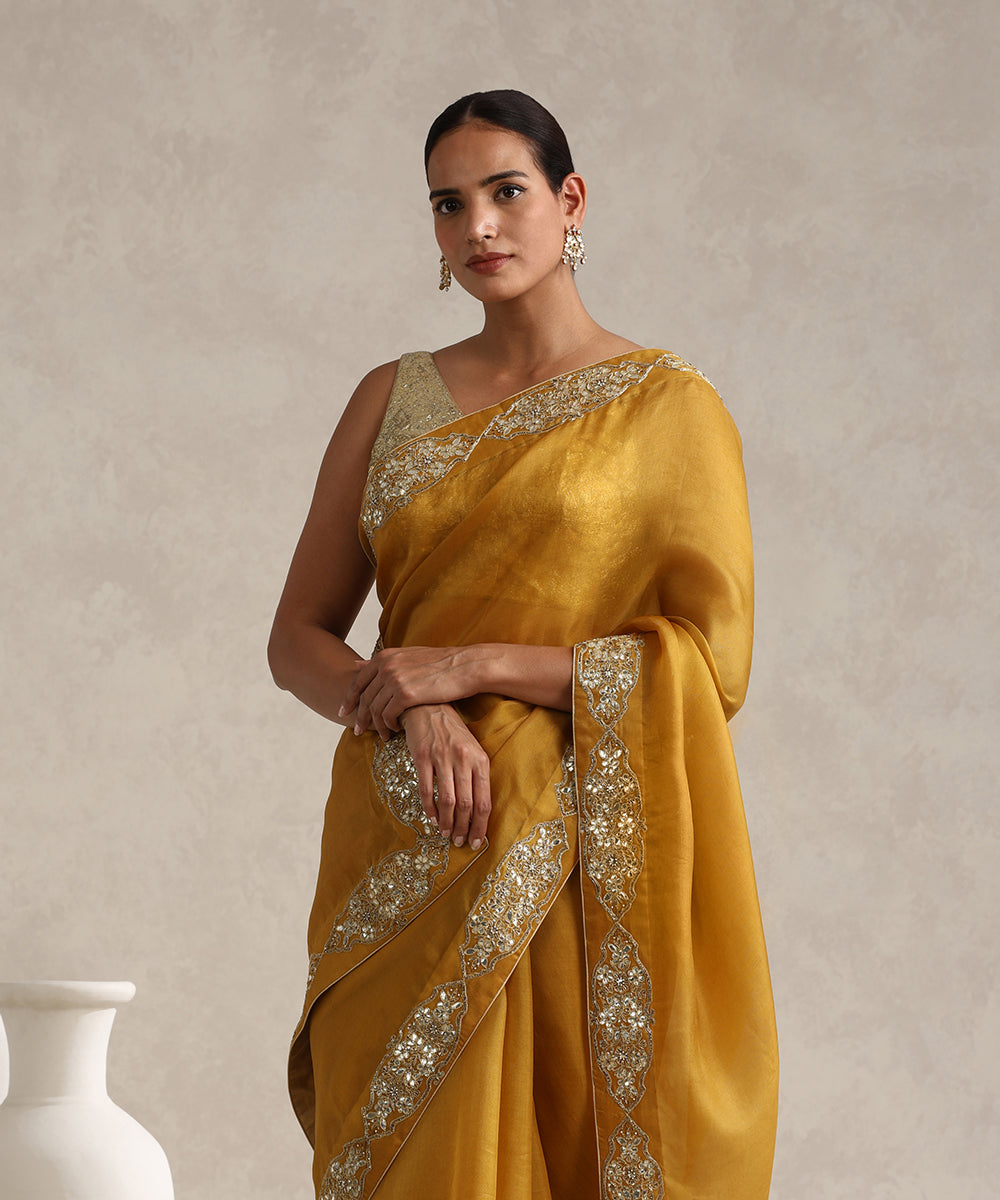 Mustard_Organza_Gota_Patti_Saree_With_Medallion_Motifs_Borders_WeaverStory_02