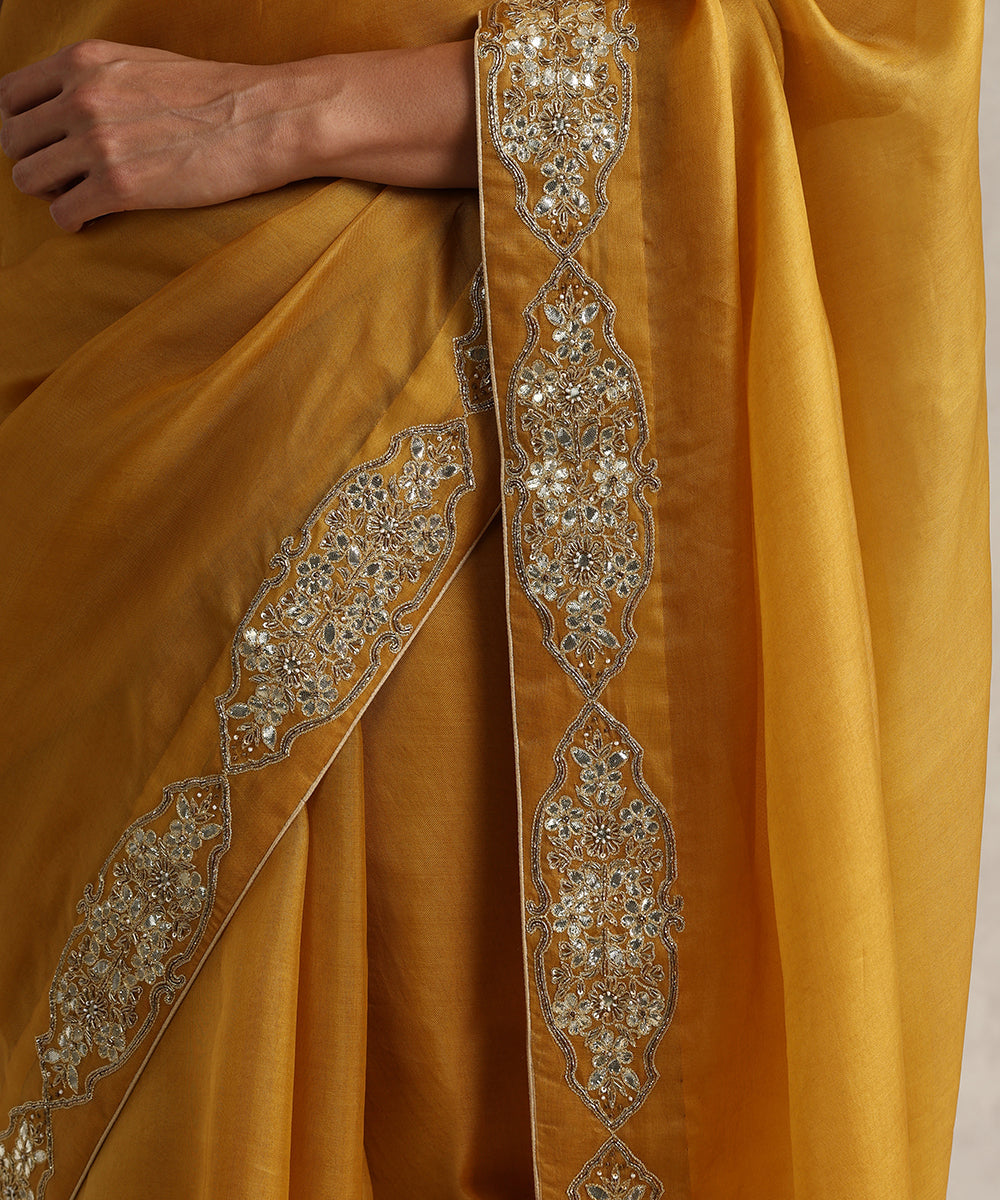 Mustard_Organza_Gota_Patti_Saree_With_Medallion_Motifs_Borders_WeaverStory_04