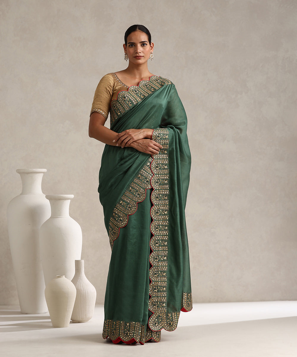 Dark_Green_Chanderi_Saree_With_Hand_Embroidered_Scalloped_Border_WeaverStory_01