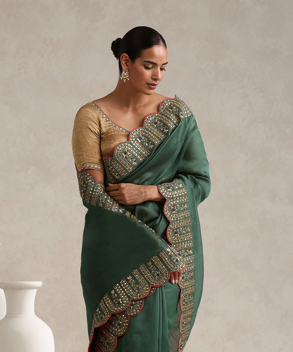 Dark_Green_Chanderi_Saree_With_Hand_Embroidered_Scalloped_Border_WeaverStory_02