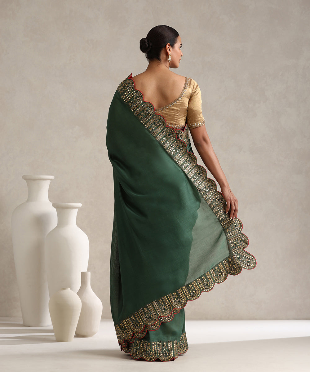 Dark_Green_Chanderi_Saree_With_Hand_Embroidered_Scalloped_Border_WeaverStory_03