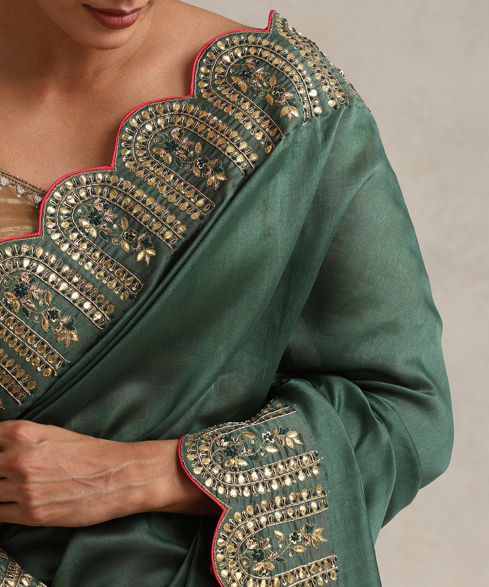 Dark_Green_Chanderi_Saree_With_Hand_Embroidered_Scalloped_Border_WeaverStory_04