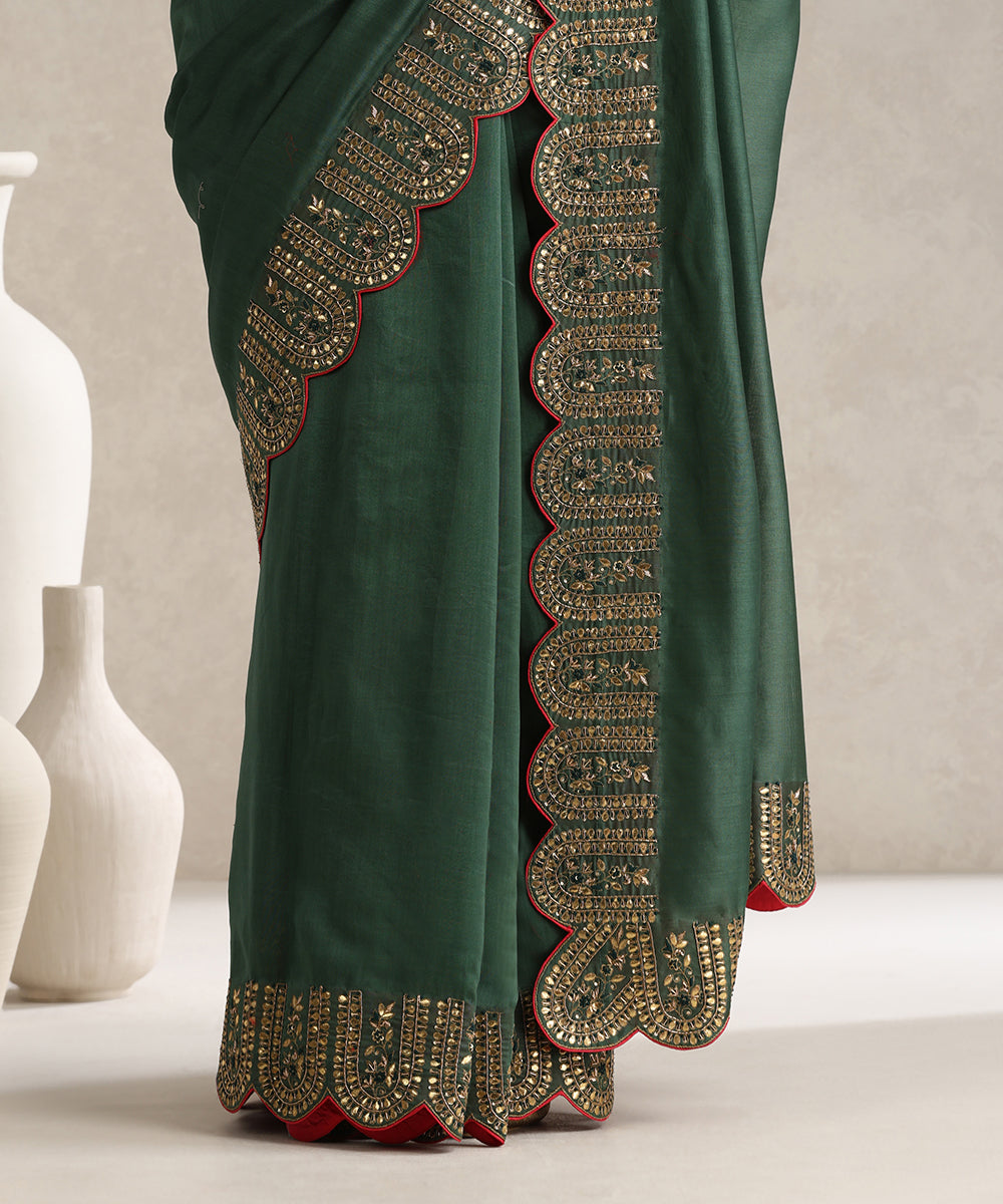 Dark_Green_Chanderi_Saree_With_Hand_Embroidered_Scalloped_Border_WeaverStory_05