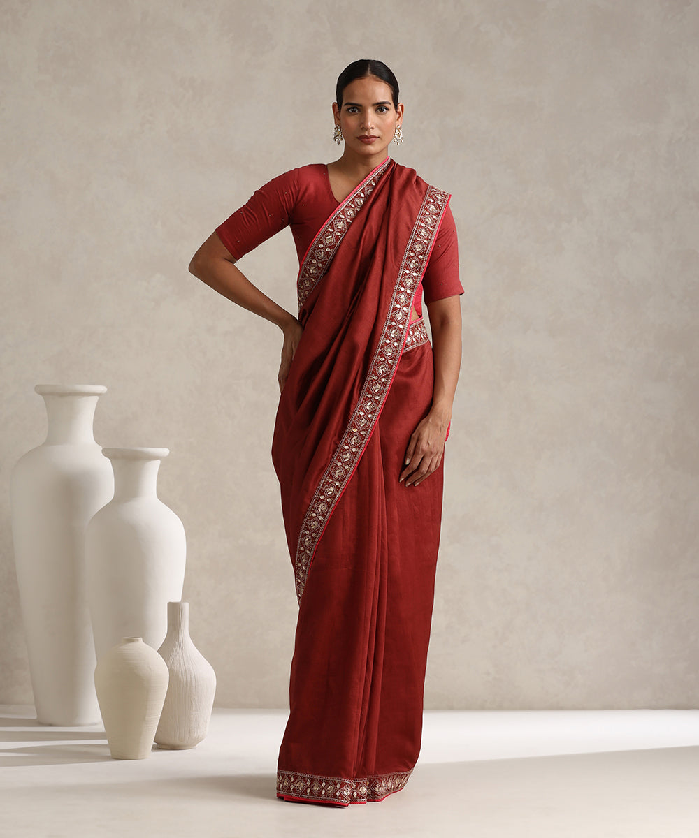 Maroon_Chanderi_Saree_With_Hand_Embroidered_Scalloped_Border_WeaverStory_01