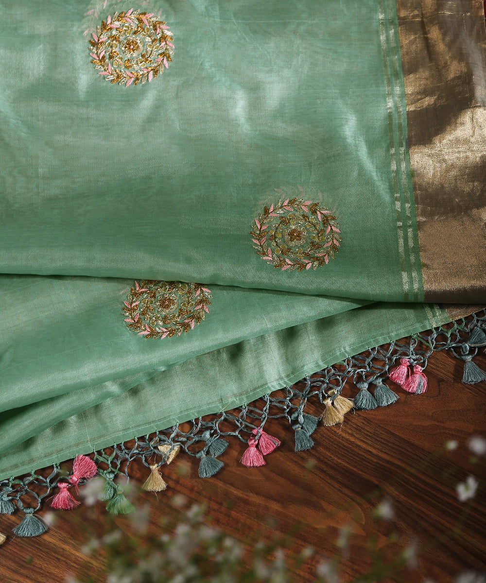 Aqua Blue Hand Embroidered Zardozi Chanderi Silk Dupatta With Gold Zari Border