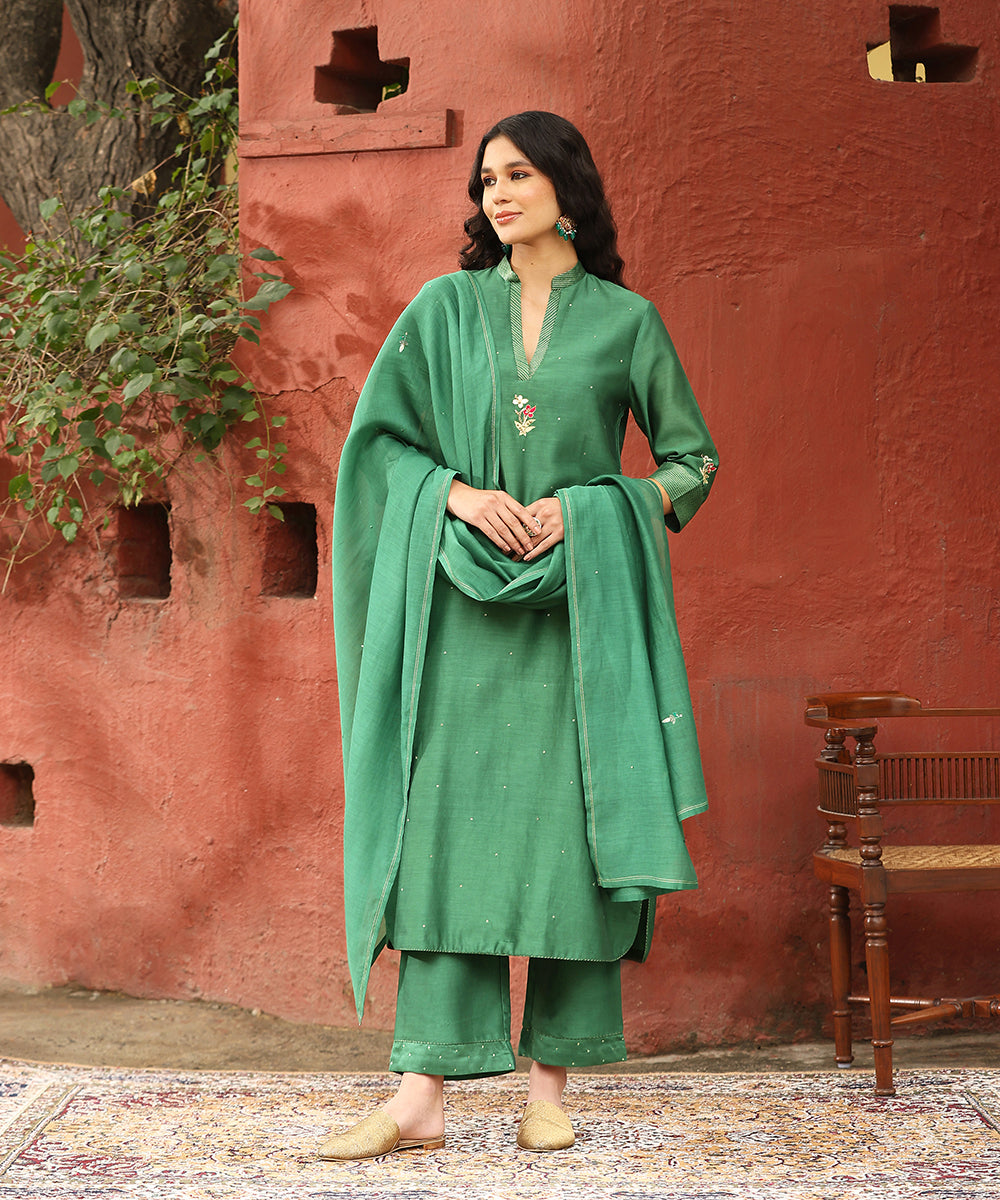 Sage Green Embroidered Pure Chanderi Silk Kurta With Pants And Dupatta