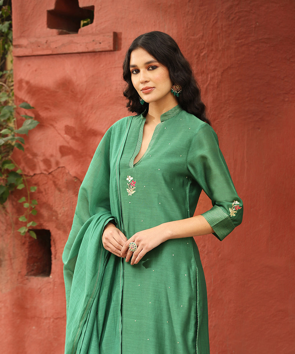 Sage Green Embroidered Pure Chanderi Silk Kurta With Pants And Dupatta Ready To Wear Ensembles