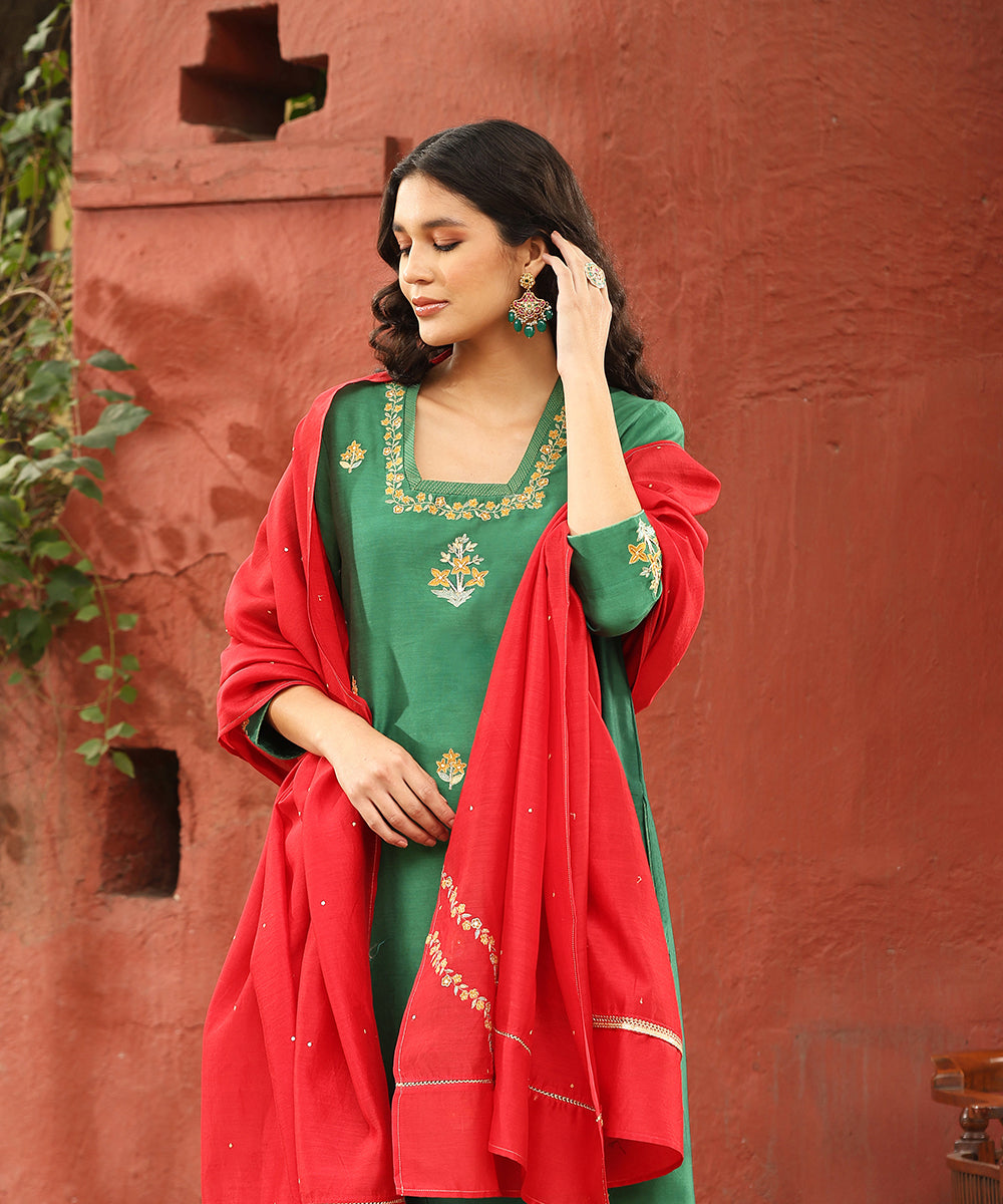 Sage Green Embroidered Pure Chanderi Silk Kurta With Pants And Plum Red Dupatta Ready To Wear