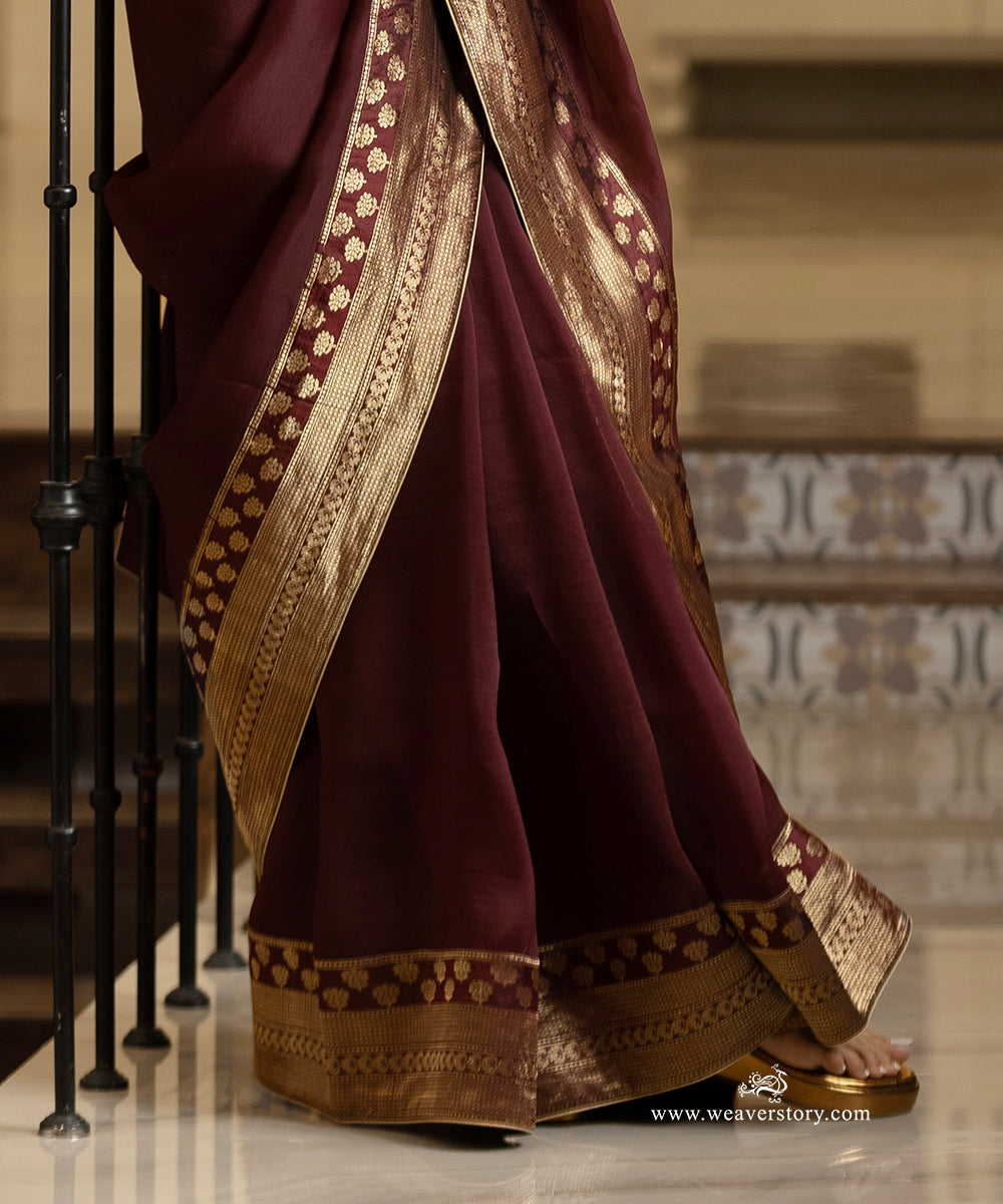 Coke Brown Handwoven Pure Organza Saree with Pure Katan Silk Zari Border