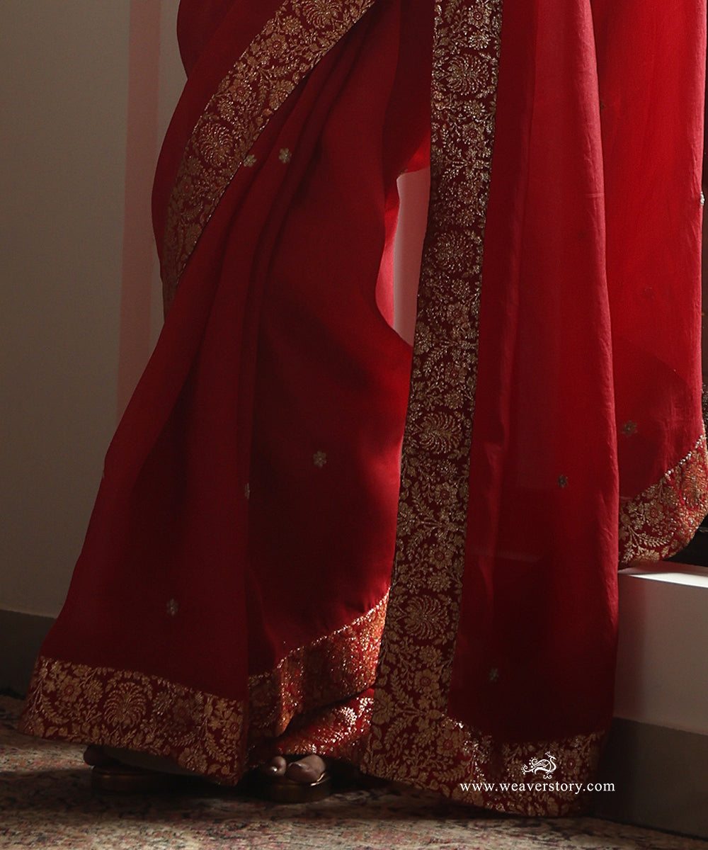 Pink Handwoven Pure Organza Saree with Pure Silk Badla Zari Floral Border