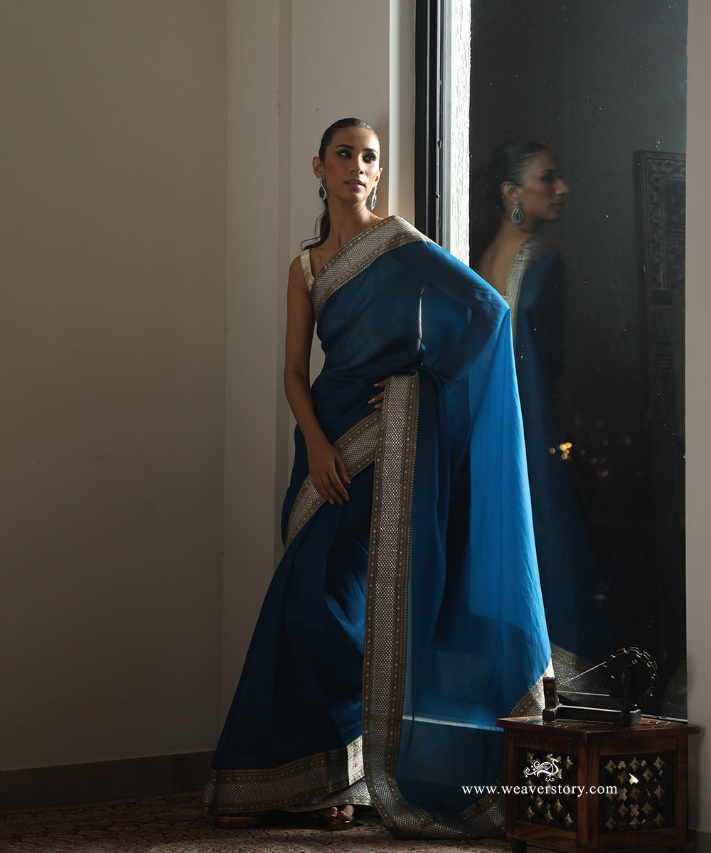 Peacock Blue Handwoven Pure Organza Saree with Gold and Silver Zari Banarasi Border