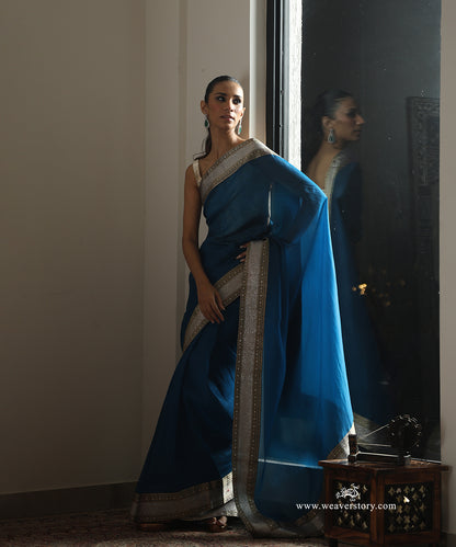 Peacock Blue Handwoven Pure Organza Saree with Gold and Silver Zari Banarasi Border