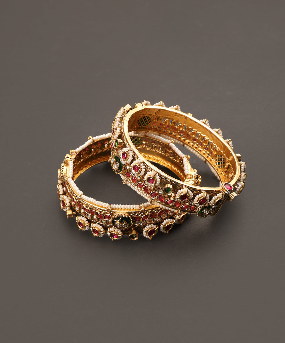 Anayat_Handcrafted_Alloy_Gold_Plated_Bangles_With_Semi_Precious_Stones_And_Pearls_In_Floral_Motifs_WeaverStory_02