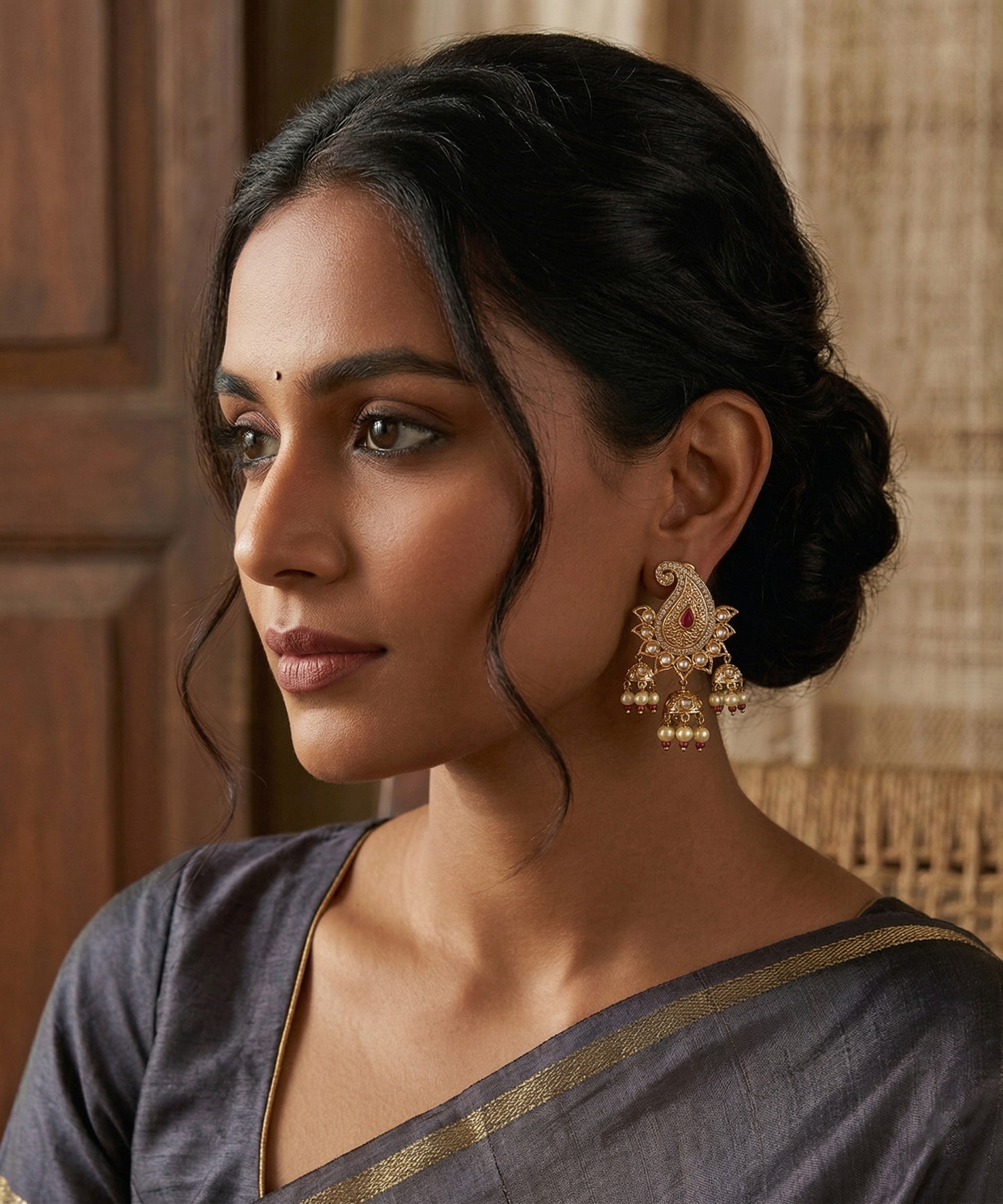Zariya Handcrafted Paisley Shaped Gold Plated Alloy Earrings With Pearl Hangings
