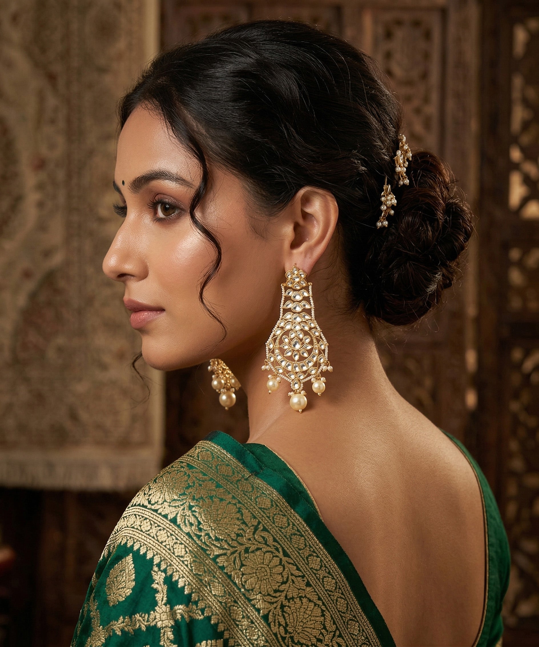 Jannat Handcrafted Gold Plated Alloy Earrings With Semi Precious Stones And Pearls