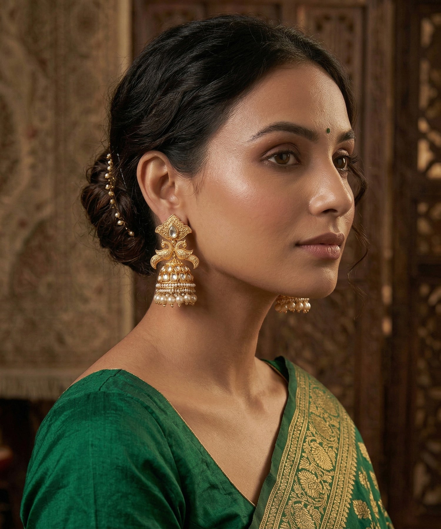 Mannat Handcrafted Gold Plated Alloy Jhumki Earrings With Peacock Motifs With Semi Precious Stones And Pearls