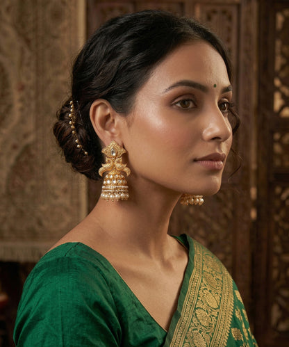 Mannat Handcrafted Gold Plated Alloy Jhumki Earrings With Peacock Motifs With Semi Precious Stones And Pearls
