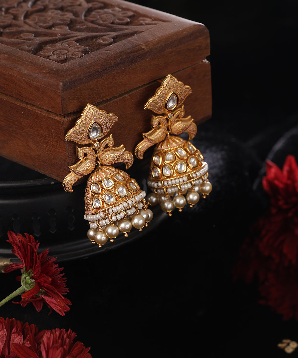 Mannat_Handcrafted_Alloy_Gold_Plated_Jhumki_Earrings_With_Peacock_Motifs_With_Semi_Precious_Stones_And_Pearls_WeaverStory_01