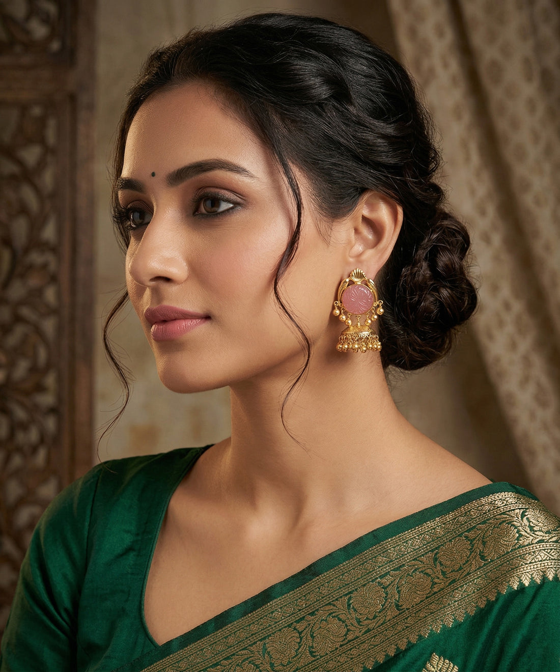 Amala Handcrafted Gold Plated Jhumki Earrings with Carved Stone