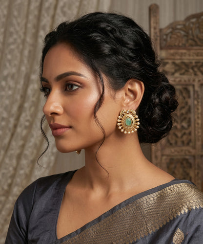 Hina Handcrafted Alloy Gold Plated Earrings With Blue Semi Precious Stone And Pearls